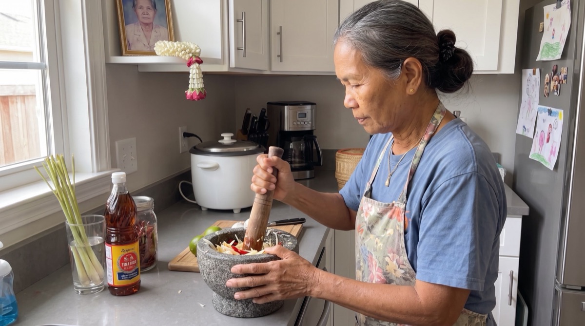 Mama Lek with a mortar and pestle